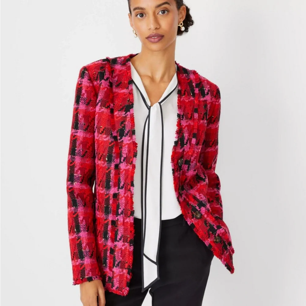 Ann Taylor Pink Multi Houndstooth Tweed Long Jacket - Like new - Picture 9 of 12